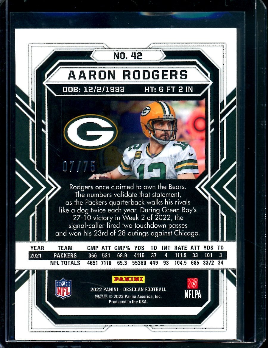 2022 Panini Obsidian Aaron Rodgers Orange Etch /75 Packers - Trading Card Market