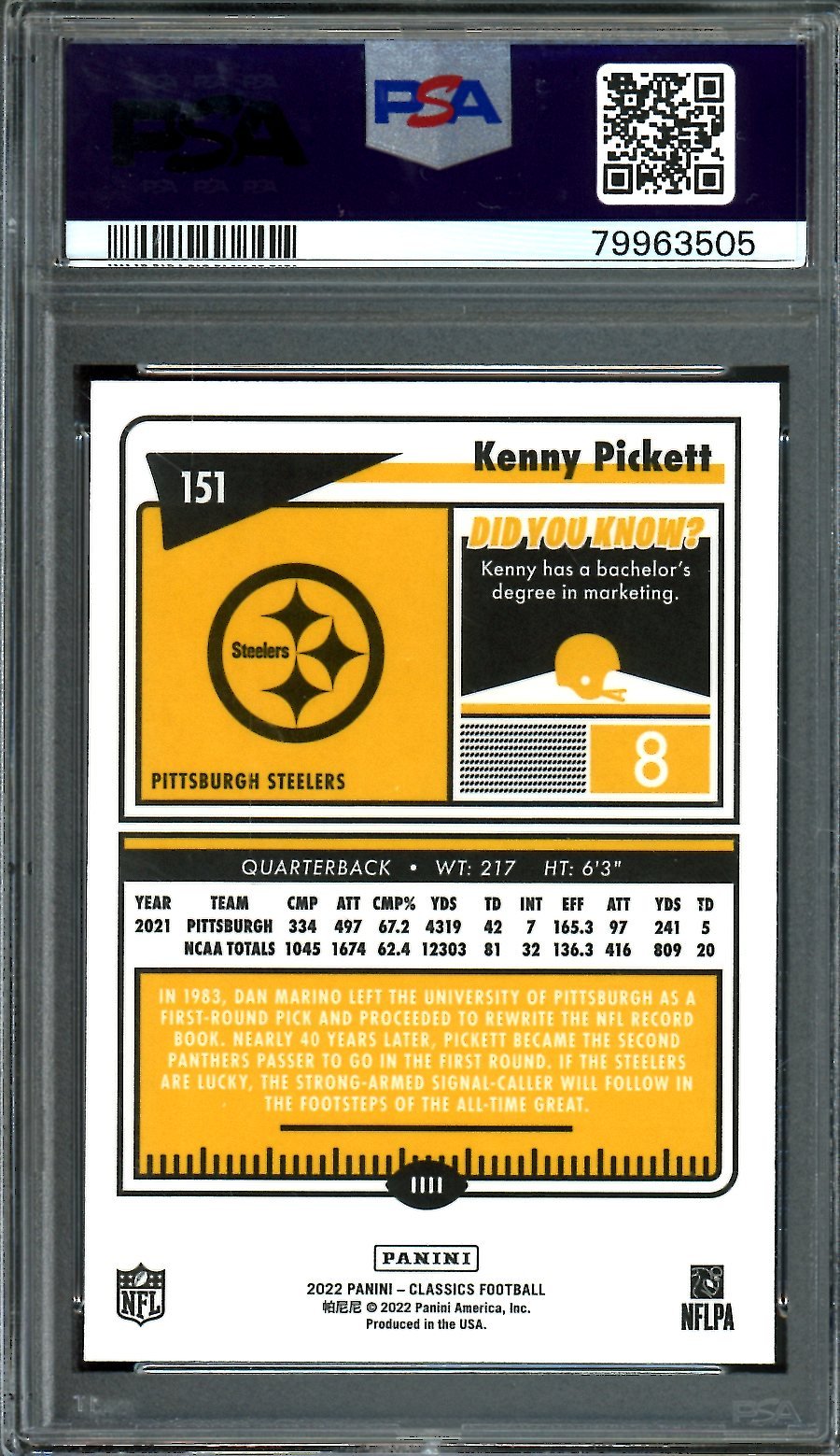 2022 Panini Classics Kenny Pickett Rookie Silver PSA 9 Steelers - Trading Card Market