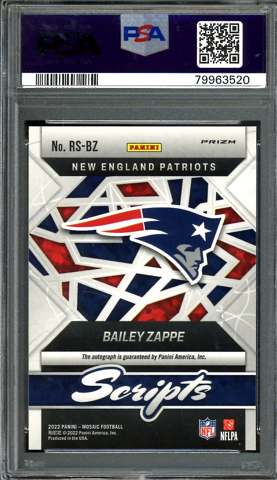 2022 Panini Mosaic Bailey Zappe Rookie Scripts Auto PSA 9 Patriots - Trading Card Market