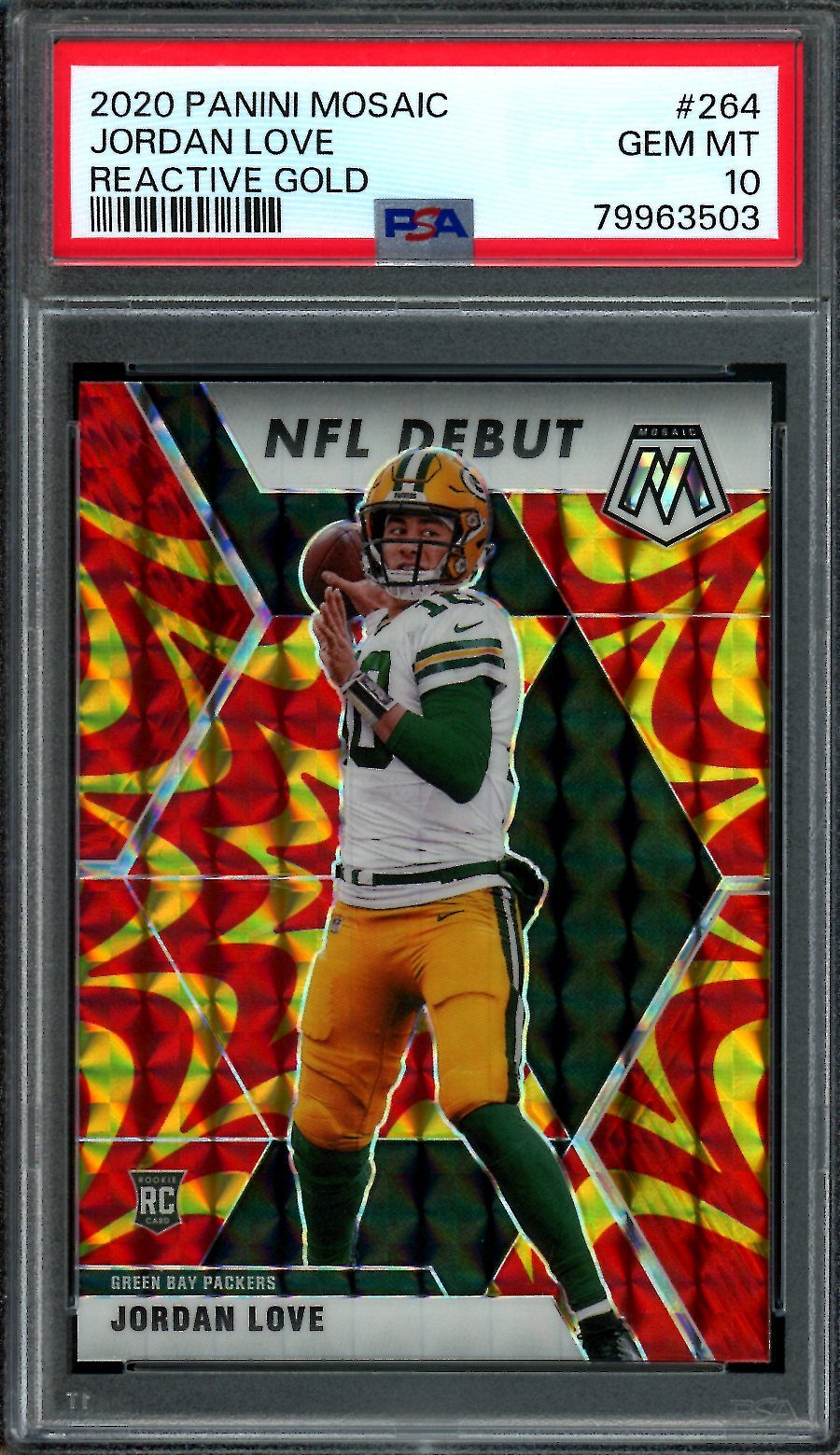 2020 Panini Mosaic Jordan Love Rookie NFL Debut Reactive Gold PSA 10 Packers