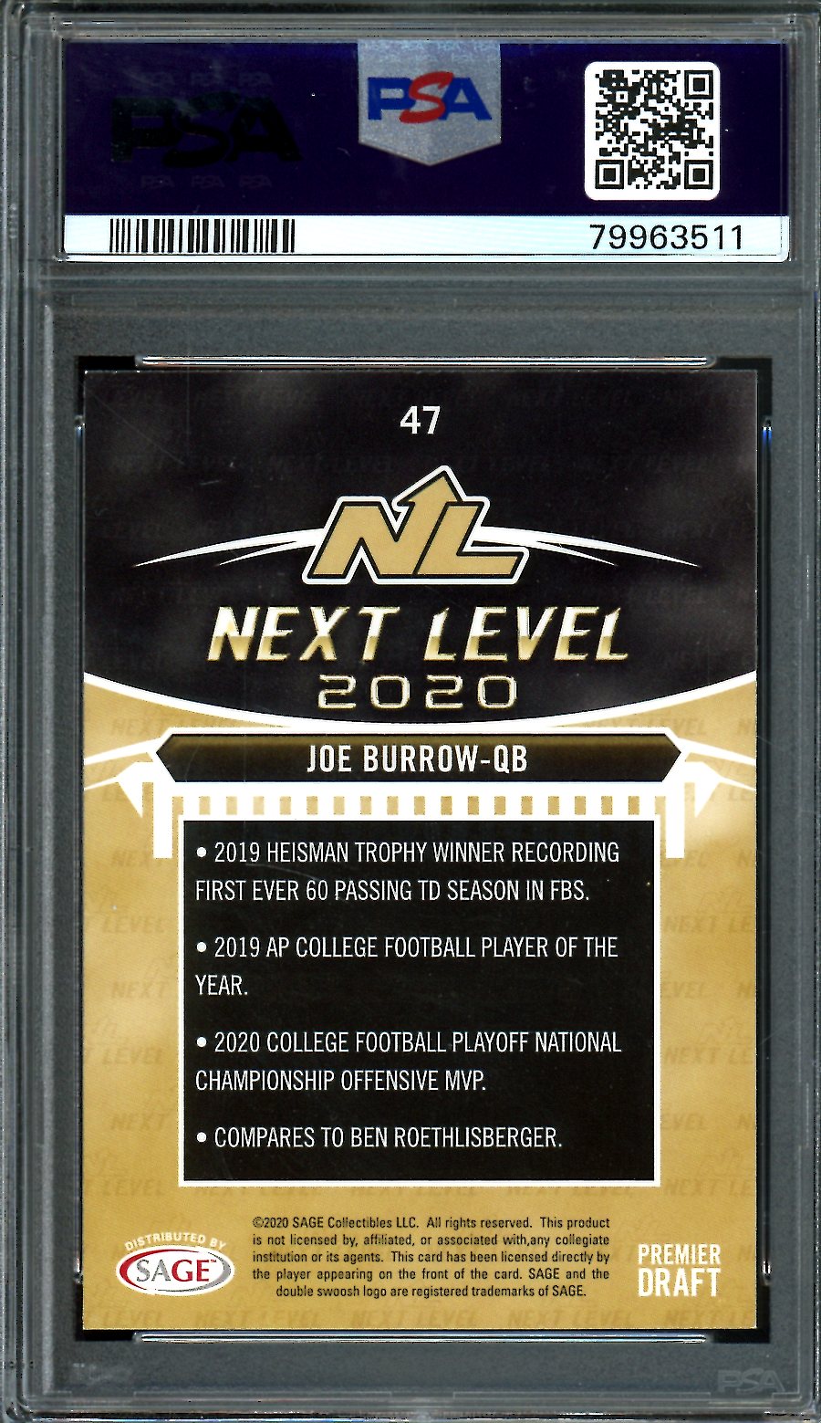 2020 Sage Hit Joe Burrow Rookie Silver PSA 9 Bengals
