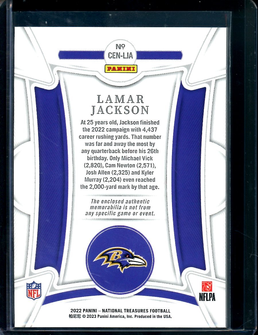2022 Panini National Treasures Lamar Jackson Century Materials Patch Gold /10 Ravens - Trading Card Market