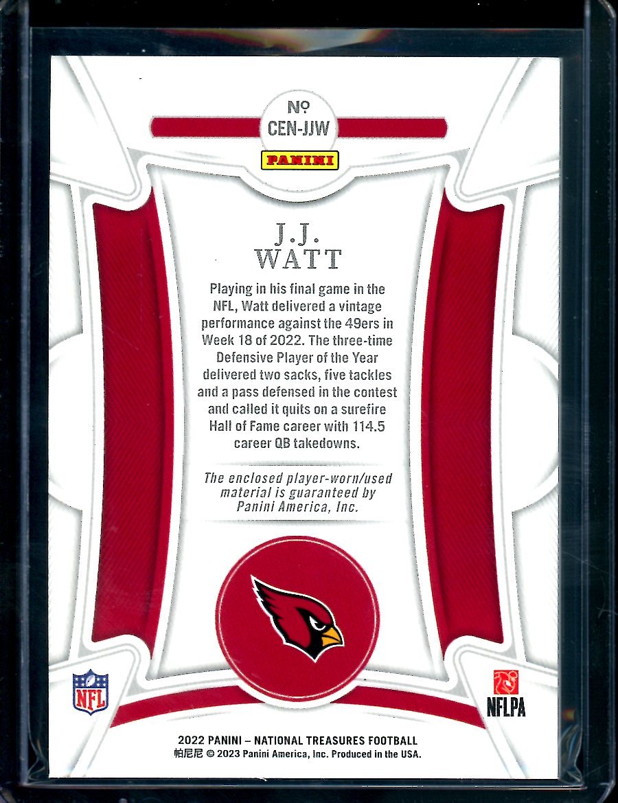 2022 Panini National Treasures J.J. Watt Century Materials Patch Holo Silver /25 Cardinals - Trading Card Market