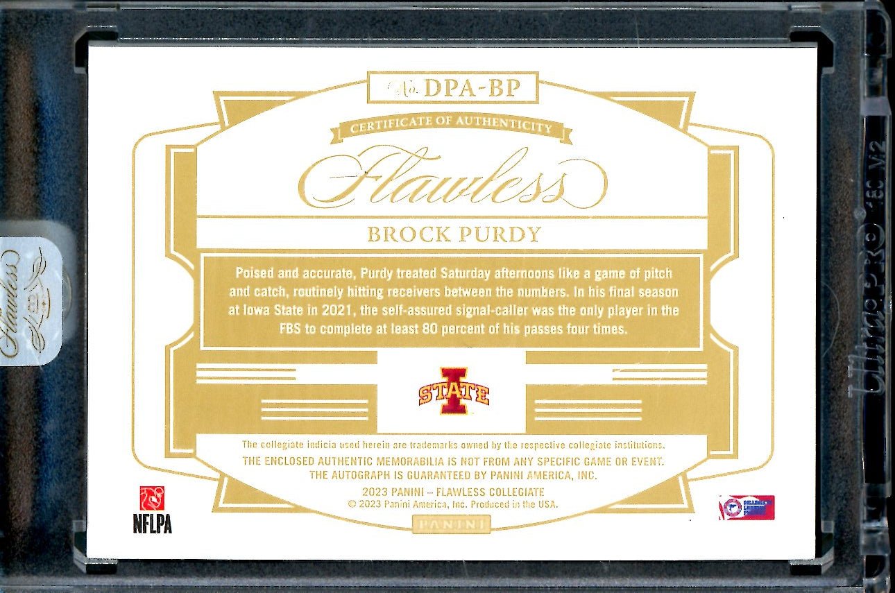 2023 Panini Flawless Collegiate Brock Purdy Patch Auto FOTL Pink /3 Iowa State - Trading Card Market