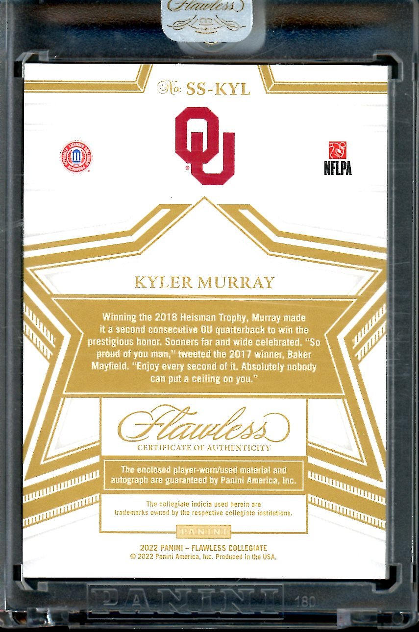2023 Panini Flawless Collegiate Kyler Murray Star Swatch Signatures Patch Auto FOTL Pink /3 Oklahoma - Trading Card Market