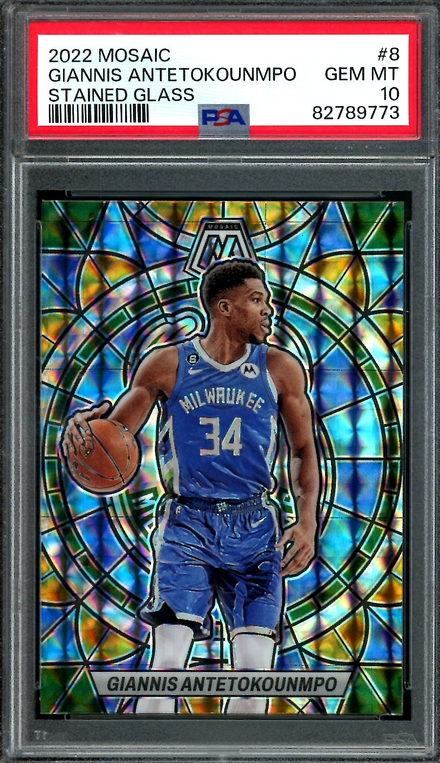 2022/23 Panini Mosaic Giannis Antetokounmpo Stained Glass SSP PSA 10 Bucks