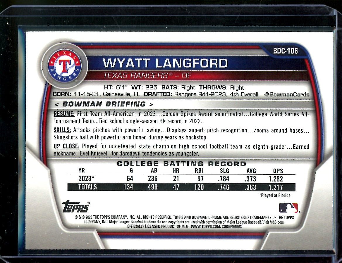 2023 Bowman Chrome Wyatt Langford 1st Bowman Yellow /75 Rangers - Trading Card Market