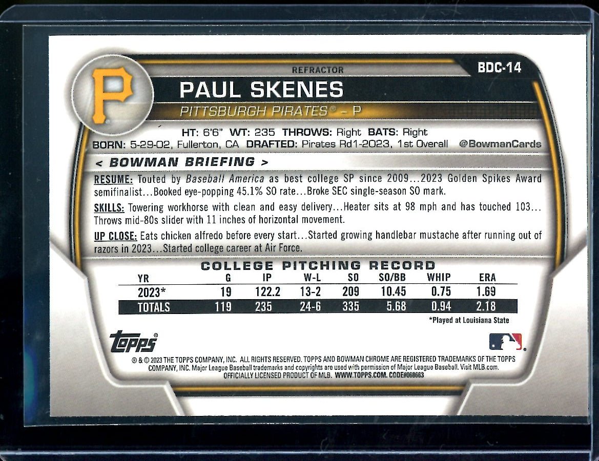 2023 Bowman Chrome Paul Skenes 1st Bowman Refractor Pirates