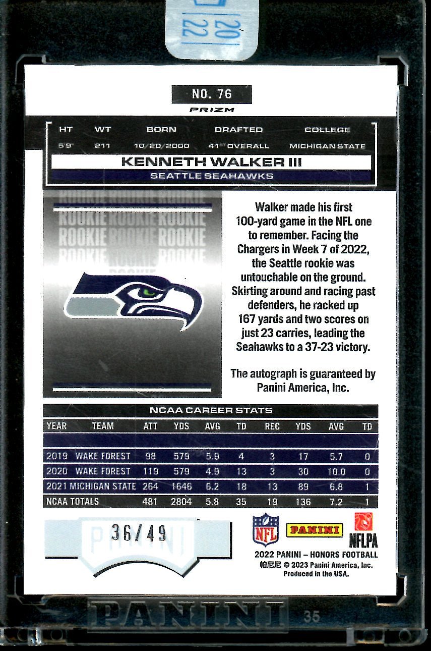 2022 Panini Honors Kenneth Walker III Rookie Auto /49 Seahawks - Trading Card Market