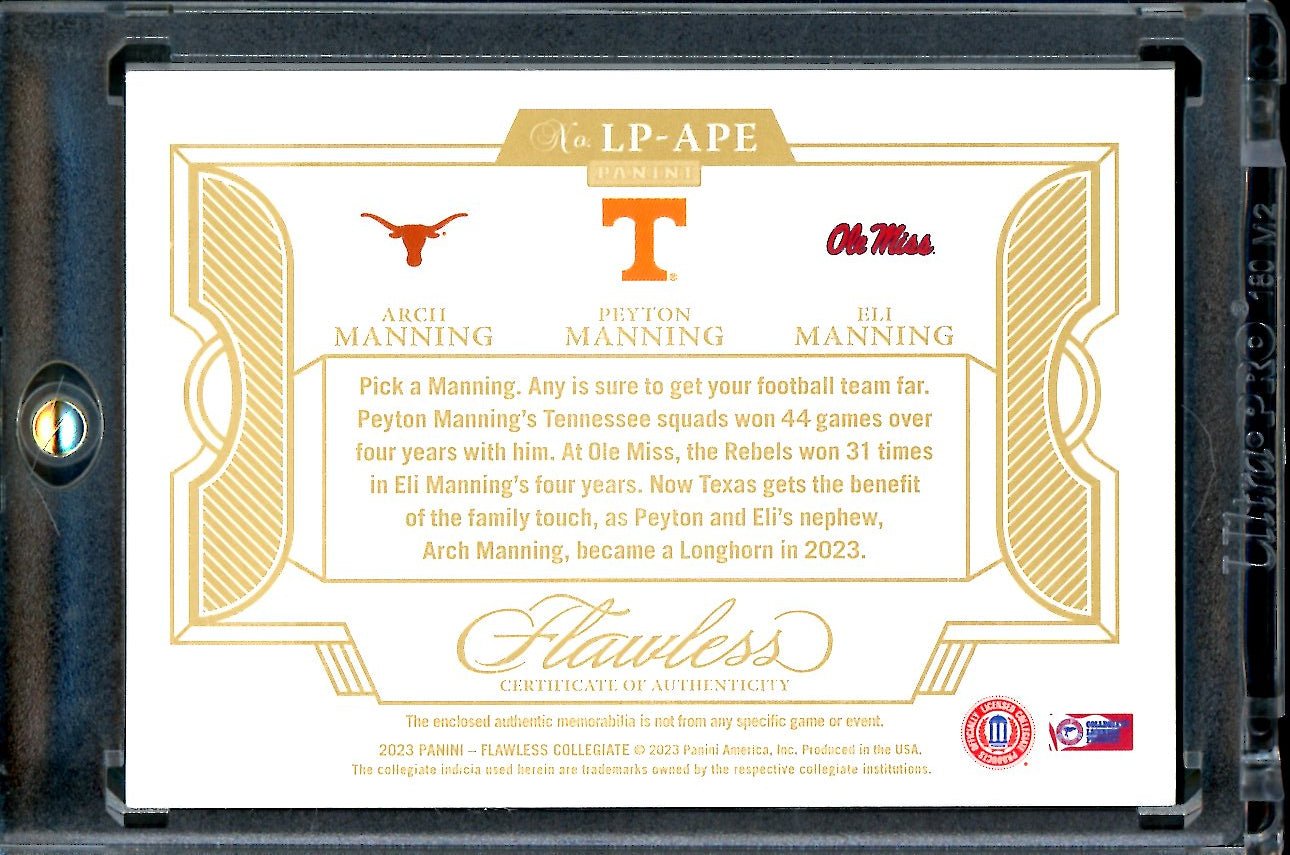 2023 Panini Flawless Collegiate Arch Manning/Peyton Manning/Eli Manning Triple Patch Gold /10 - Trading Card Market