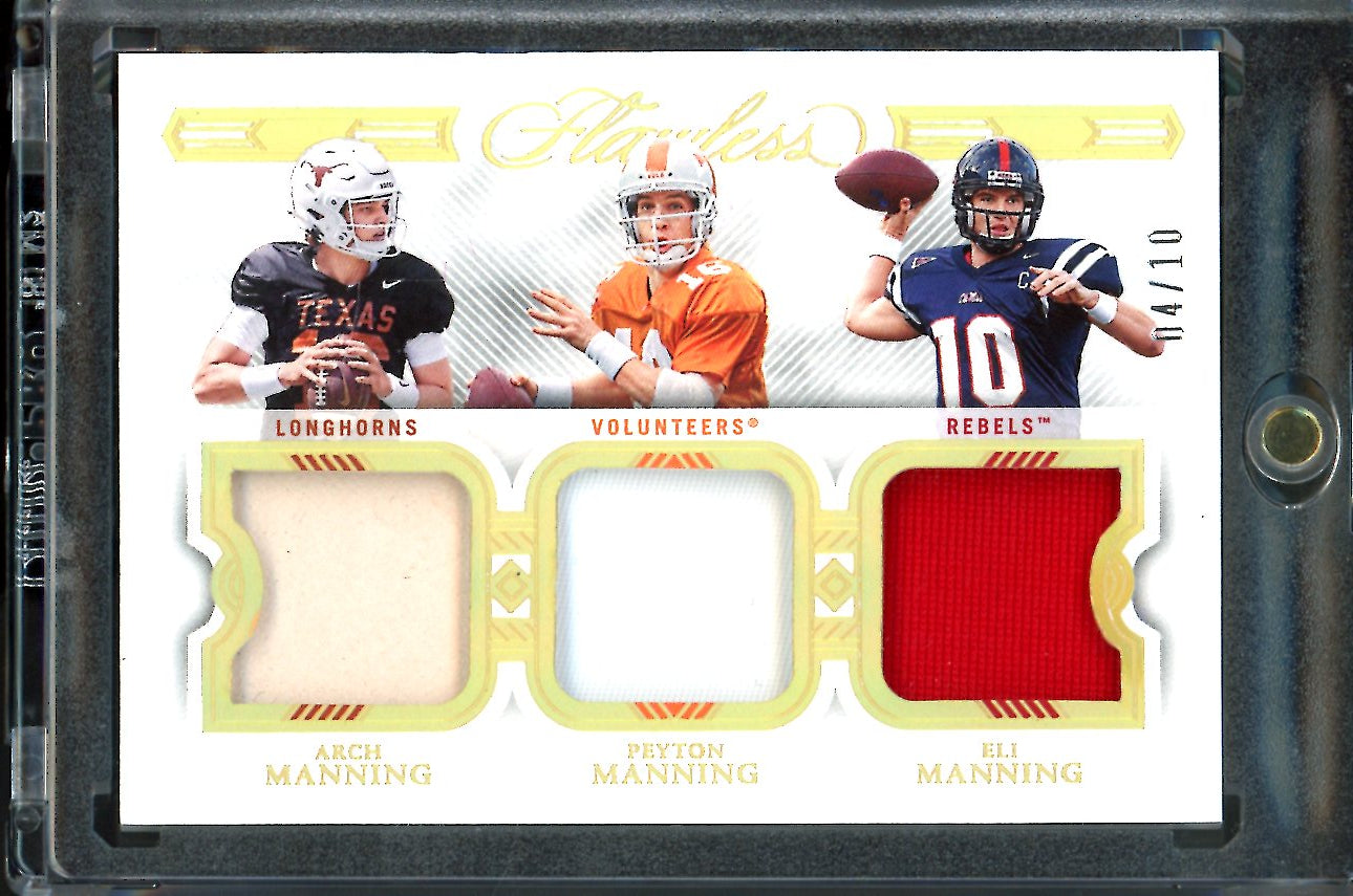 2023 Panini Flawless Collegiate Arch Manning/Peyton Manning/Eli Manning Triple Patch Gold /10