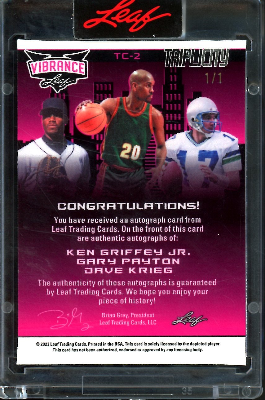 2023 Leaf Vibrance Ken Griffey Jr./Gary Payton/Dave Krieg Triplicity Auto Gold Vinyl 1/1 Seattle