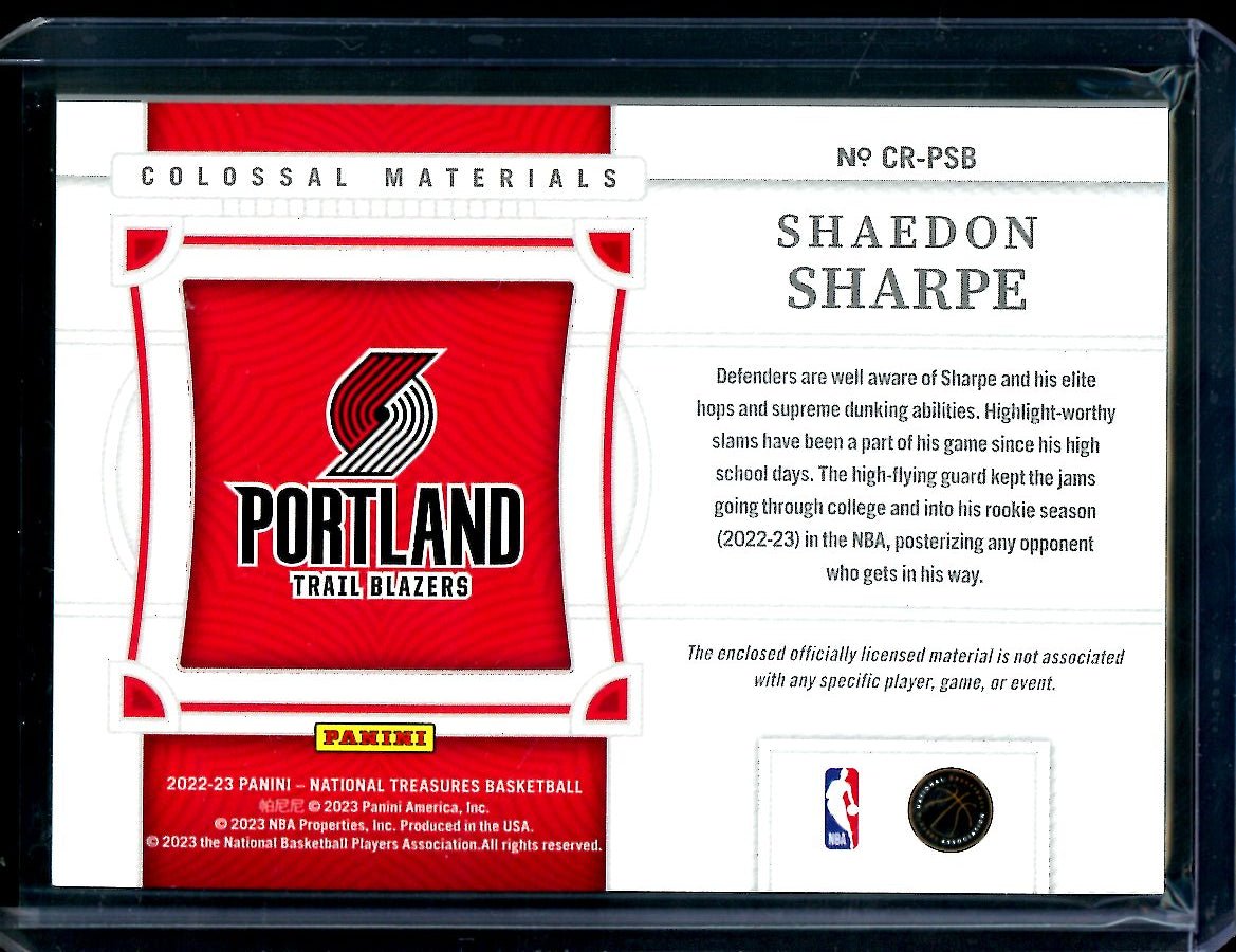 2022/23 Panini National Treasures Shaedon Sharpe Rookie Colossal Patch /99 Trail Blazers - Trading Card Market