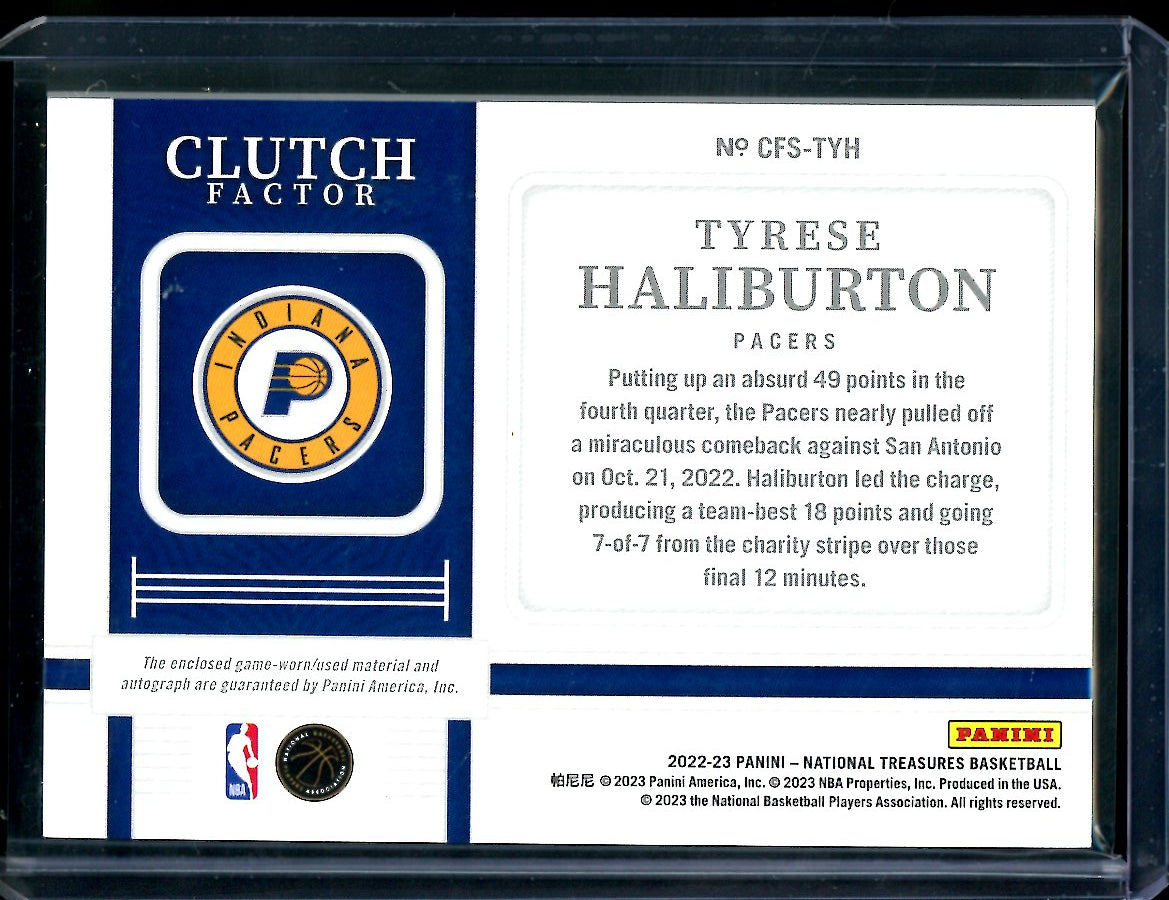 2022/23 Panini National Treasures Tyrese Haliburton Clutch Factor Patch Auto /49 Pacers