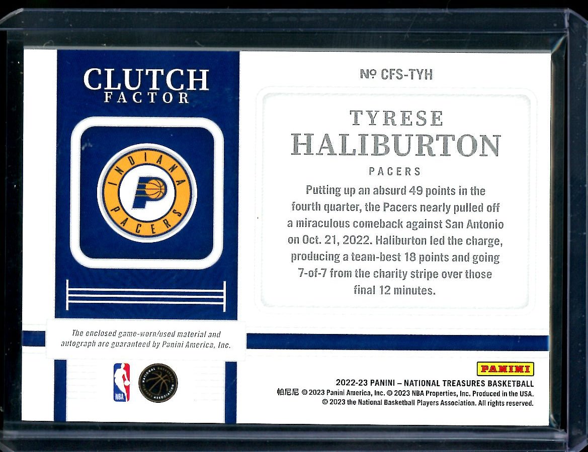 2022/23 Panini National Treasures Tyrese Haliburton Clutch Factor Patch Auto /49 Pacers - Trading Card Market