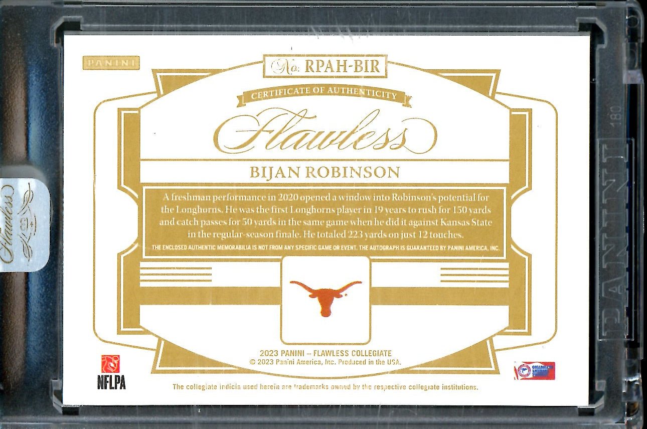 2023 Panini Flawless Collegiate Bijan Robinson Rookie RPA Sapphire /15 Texas - Trading Card Market