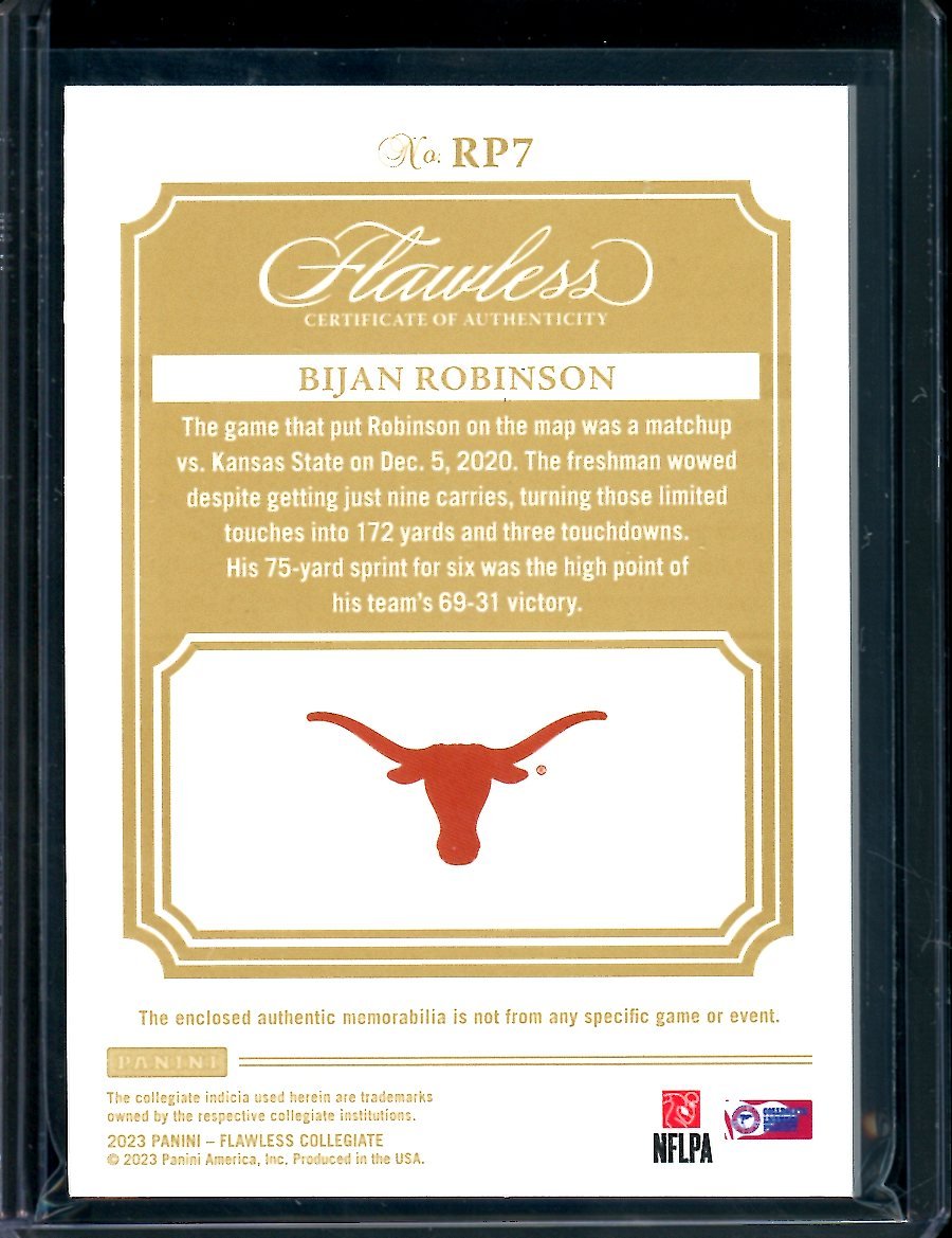 2023 Panini Flawless Collegiate Bijan Robinson Rookie Patch /25 Texas - Trading Card Market