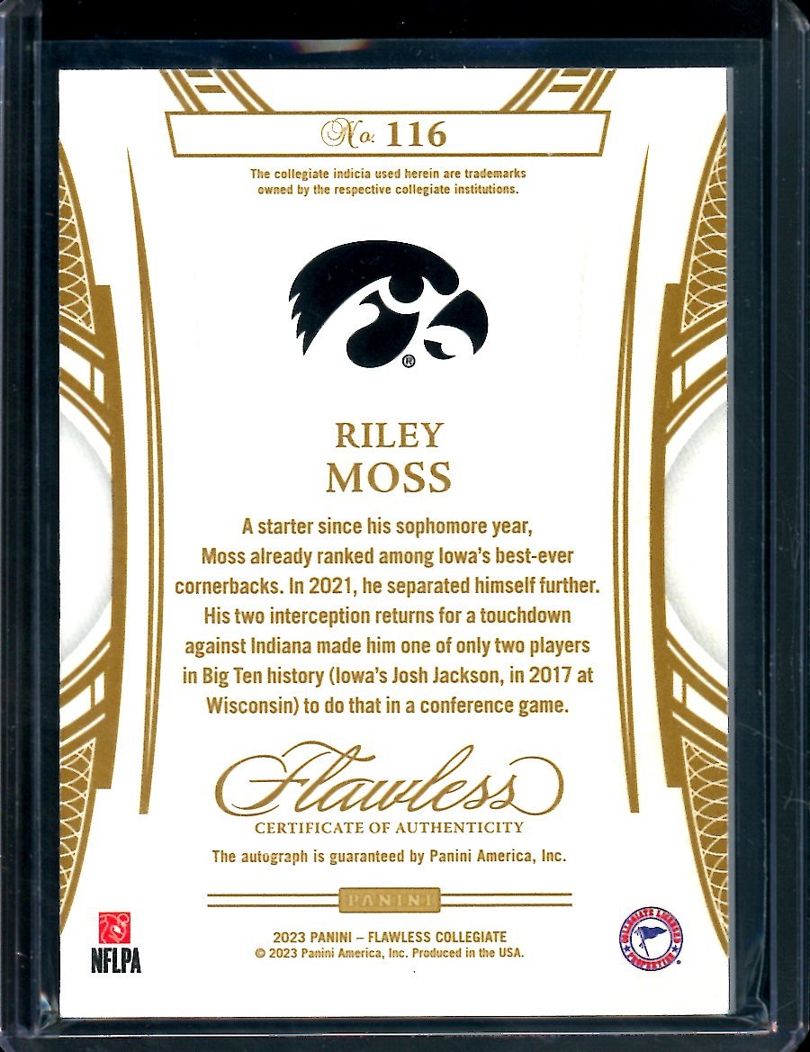 2023 Panini Flawless Collegiate Riley Moss Rookie Auto Sapphire /15 Iowa - Trading Card Market