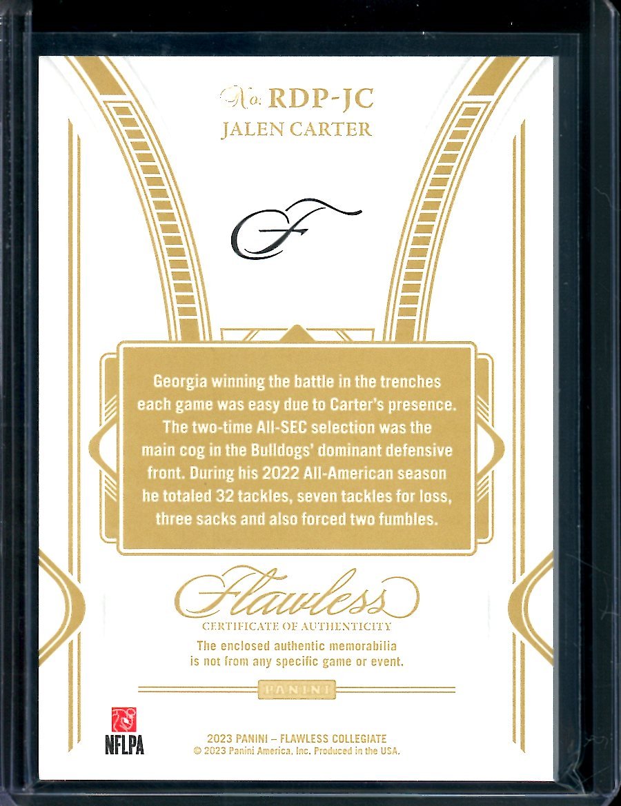 2023 Panini Flawless Collegiate Jalen Carter Rookie Patch /20 Georgia - Trading Card Market