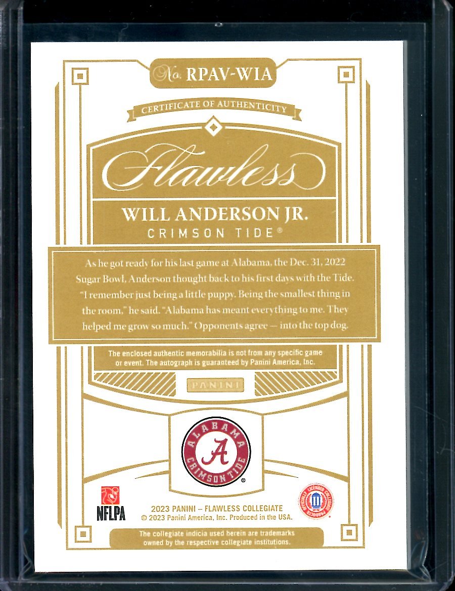 2023 Panini Flawless Collegiate Will Anderson Jr. Rookie RPA /15 Alabama - Trading Card Market