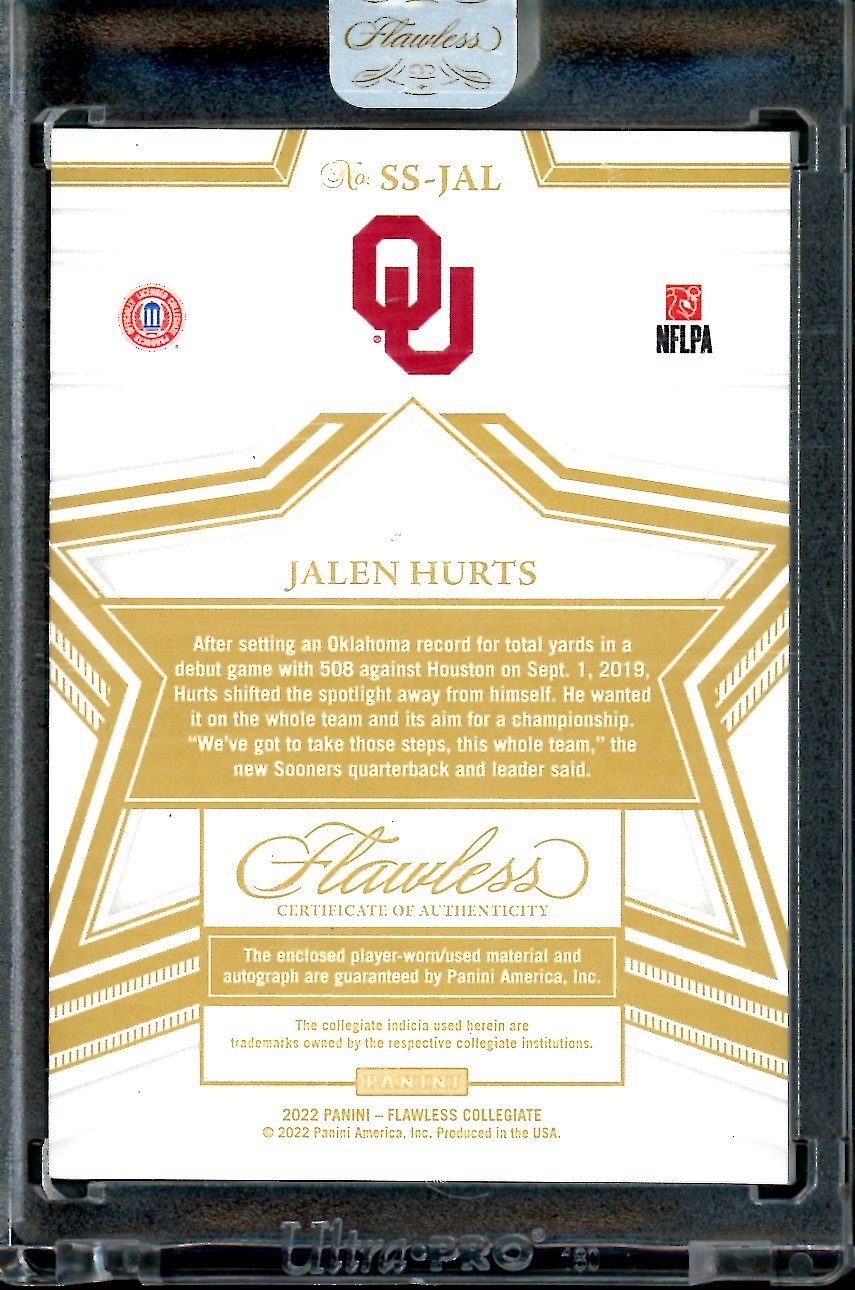 2023 Panini Flawless Collegiate Jalen Hurts Star Swatch Signatures Patch Auto /10 Oklahoma - Trading Card Market