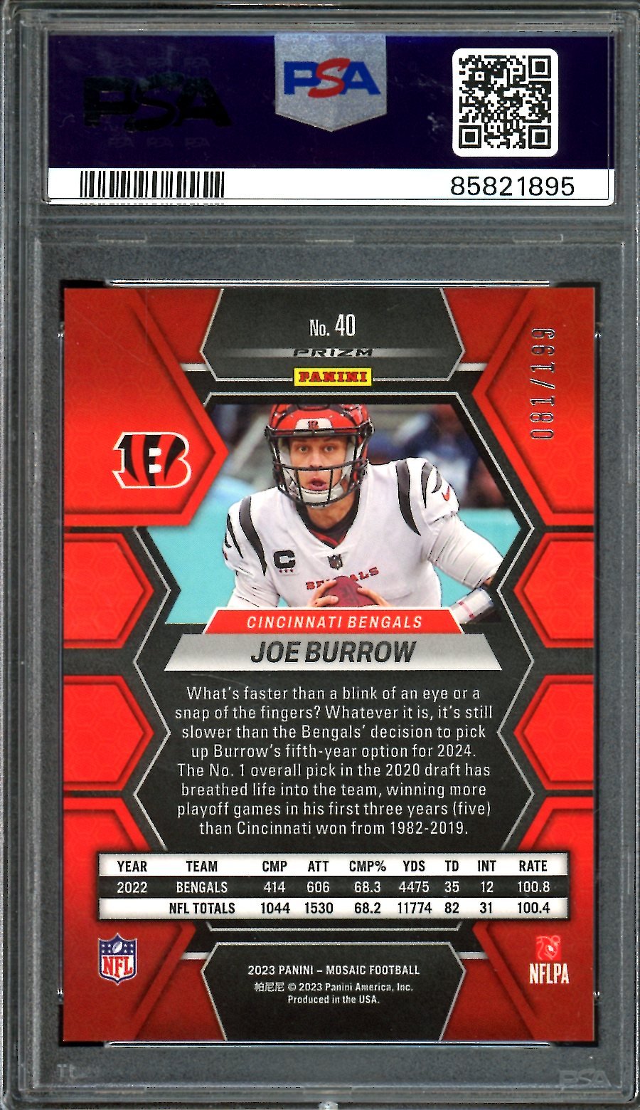 2023 Panini Mosaic Joe Burrow Orange /199 PSA 10 Bengals - Trading Card Market