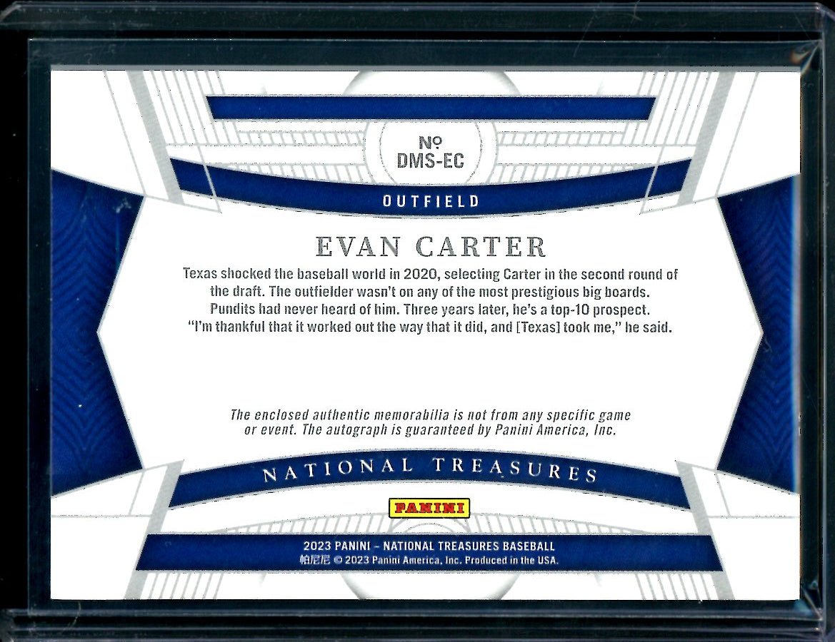2023 Panini National Treasures Evan Carter "Texas" Patch Auto /99 Rangers - Trading Card Market