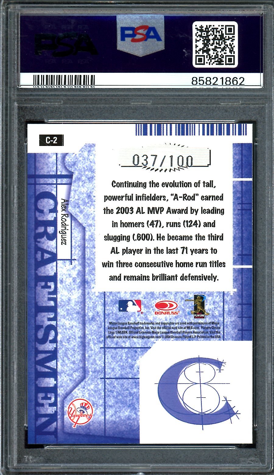 2005 Donruss Alex Rodriguez Craftsmen Black /100 PSA 10 Yankees - Trading Card Market