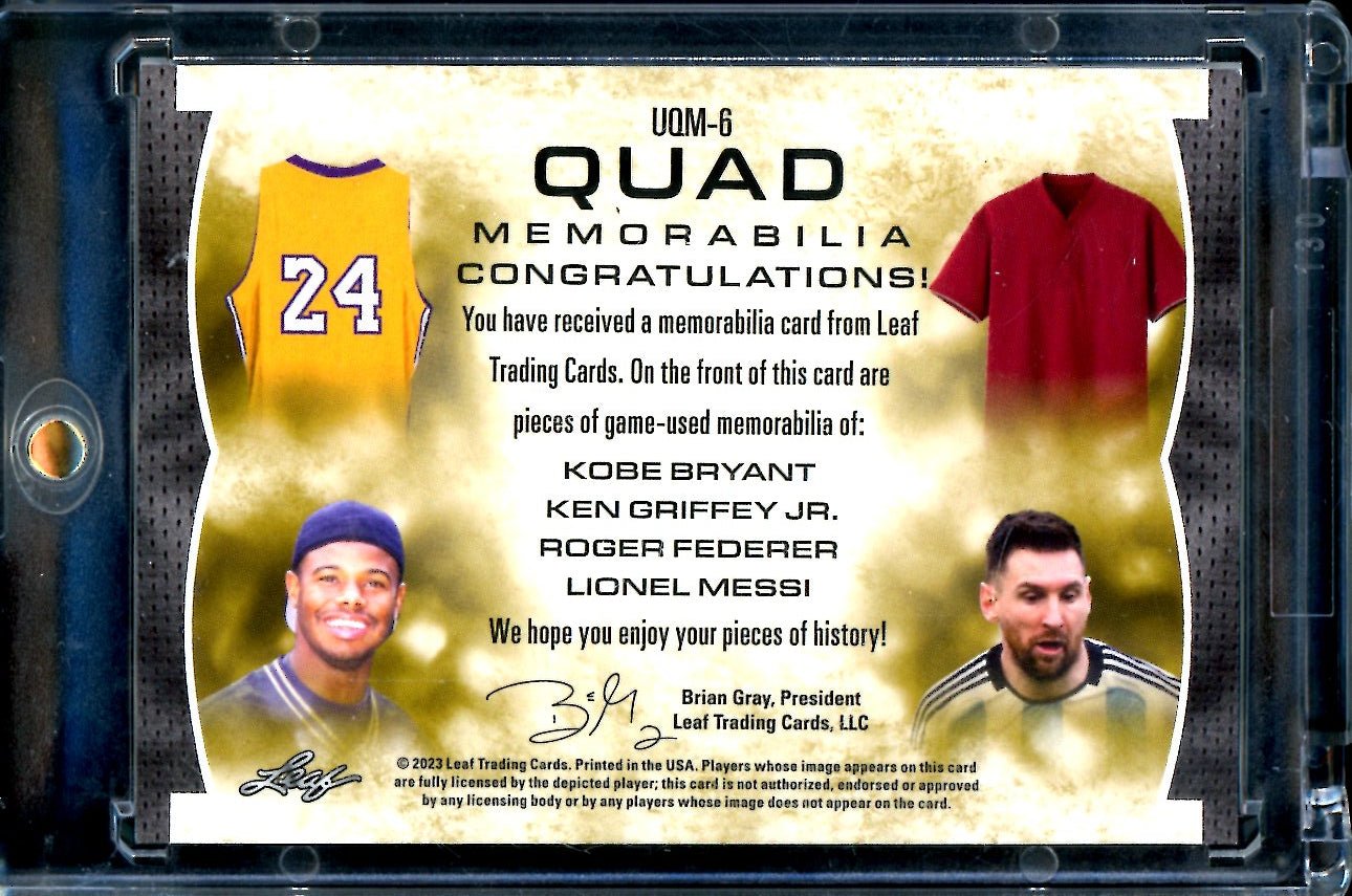 2023 Leaf Ultimate Soccer Kobe Bryant/Ken Griffey Jr./Roger Federer/Lionel Messi Quad Memorabilia /8 - Trading Card Market