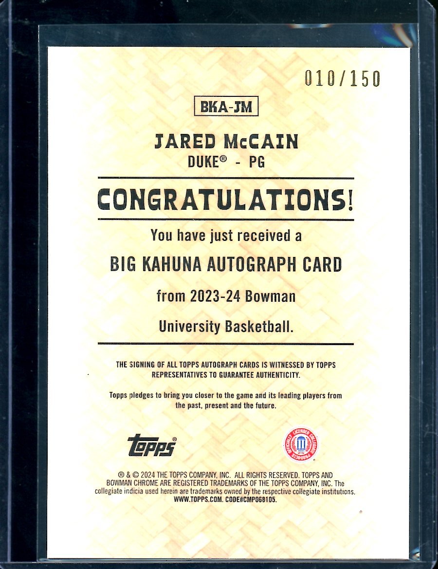 2024 Bowman Chorme University Jared McCain Big Kahuna Auto /150 Duke - Trading Card Market