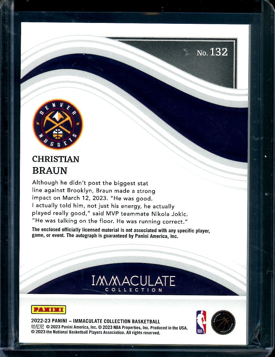2022/23 Panini Immaculate Christian Braun Rookie RPA Red /49 Nuggets - Trading Card Market