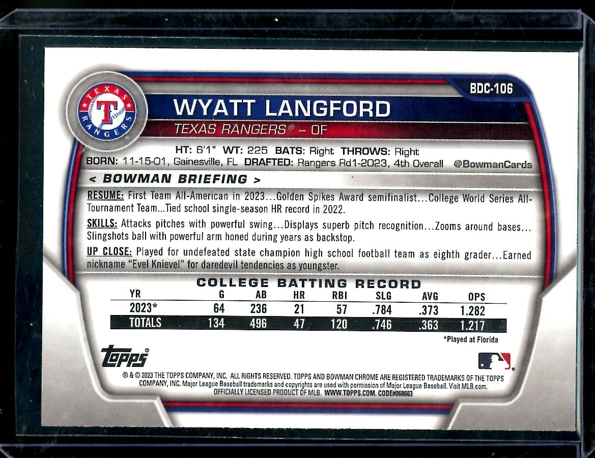 2023 Bowman Chrome Wyatt Langford 1st Bowman Rangers