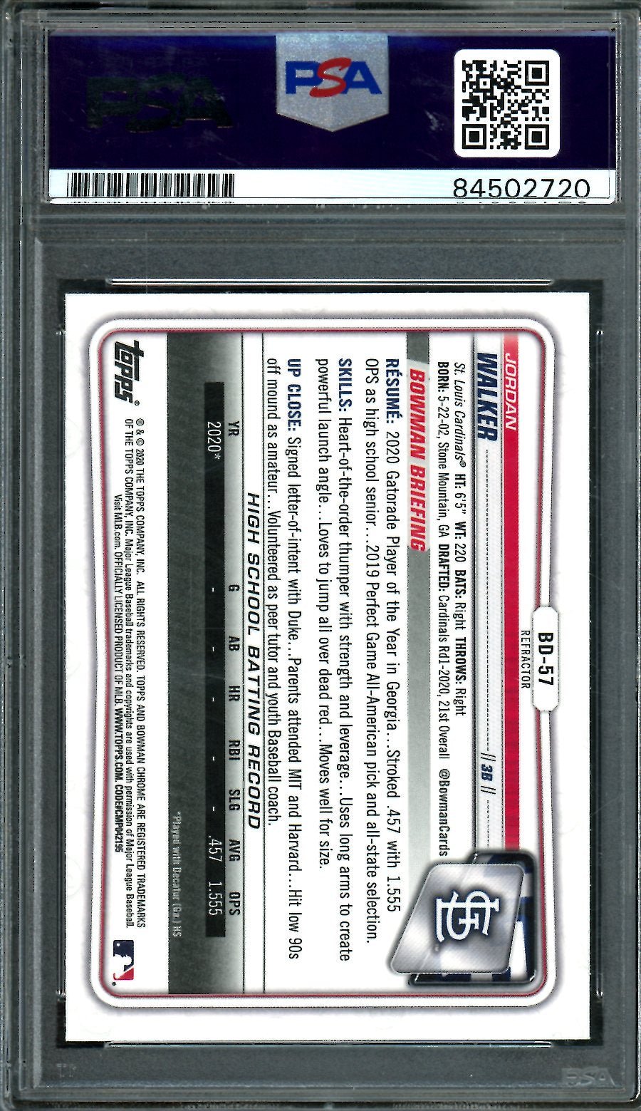 2020 Bowman Chrome Jordan Walker 1st Bowman Refactor PSA Authentic Auto Cardinals - Trading Card Market