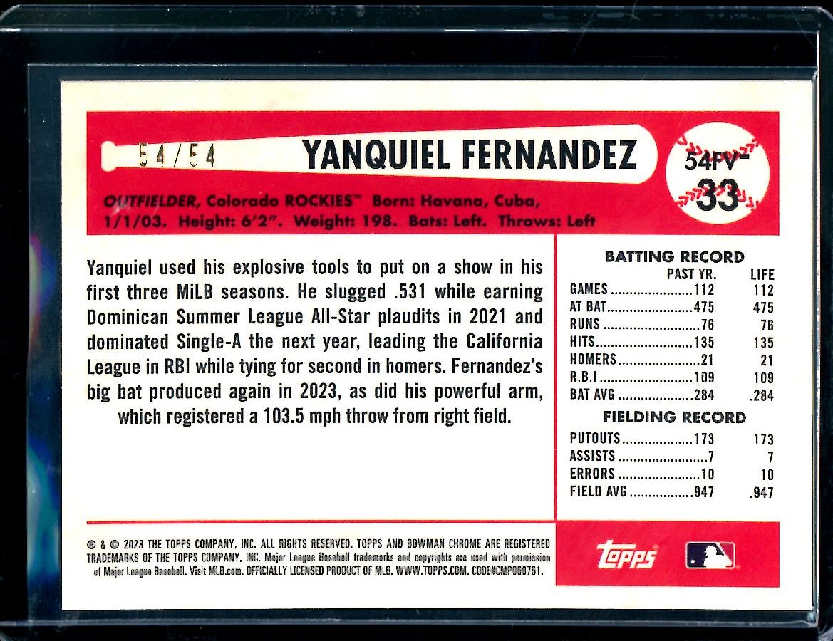 2023 Bowman Chrome Yanquiel Fernandez Flag Variation /54 Rockies - Trading Card Market