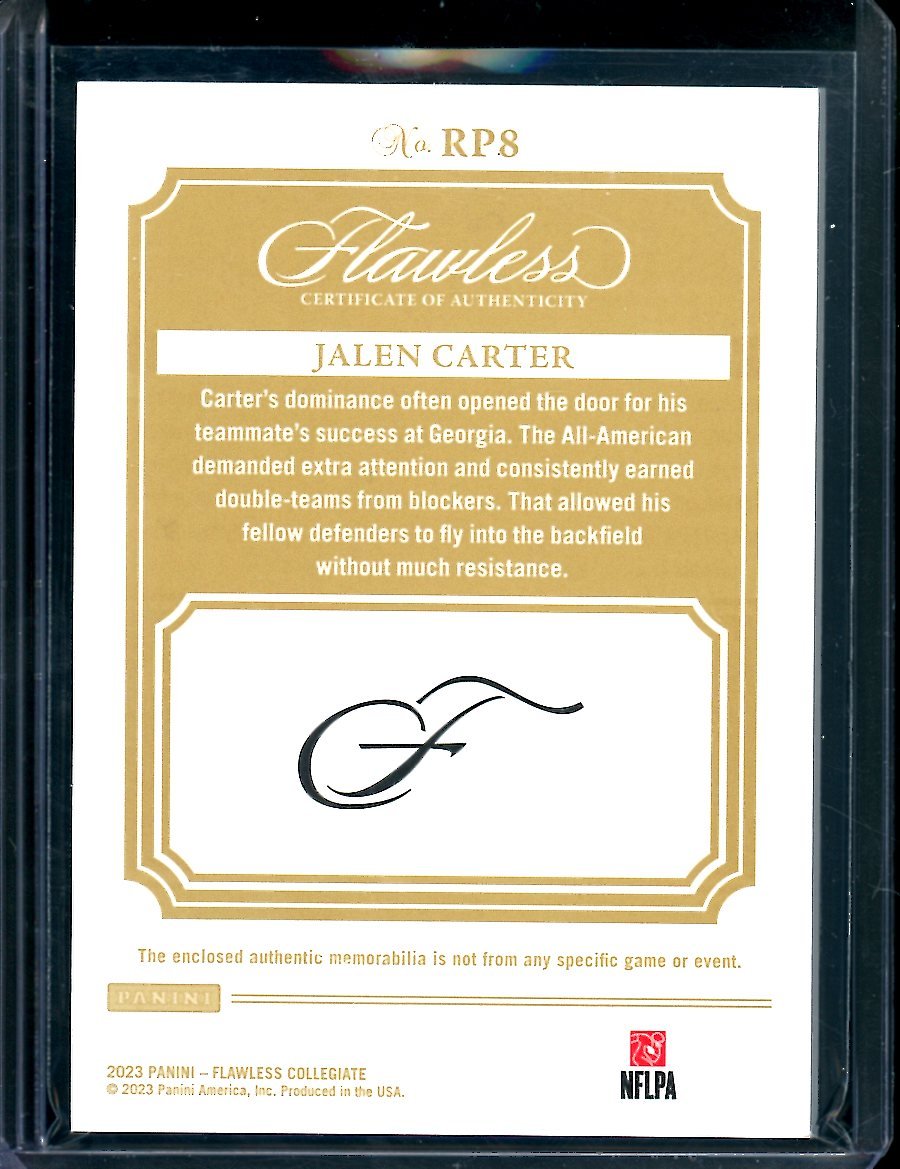 2023 Panini Flawless Collegiate Jalen Carter Rookie Patch Ruby /20 Georgia - Trading Card Market
