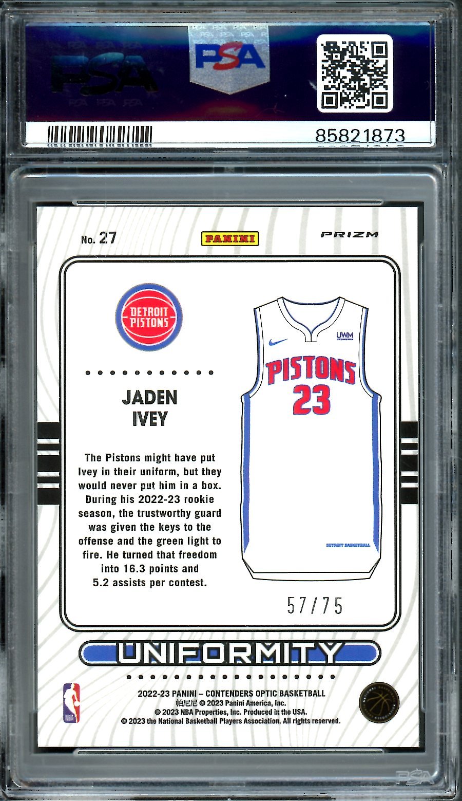 2022/23 Panini Contenders Optic Jaden Ivey Rookie Uniformity Blue Cracked Ice /75 PSA 8 Pistons - Trading Card Market