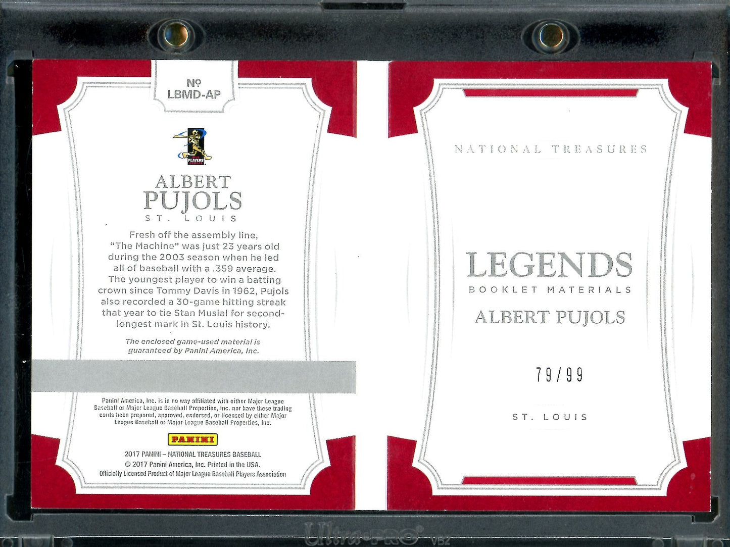 2017 Panini National Treasures Albert Pujols Legends Booklet Patch /99 Cardinals - Trading Card Market