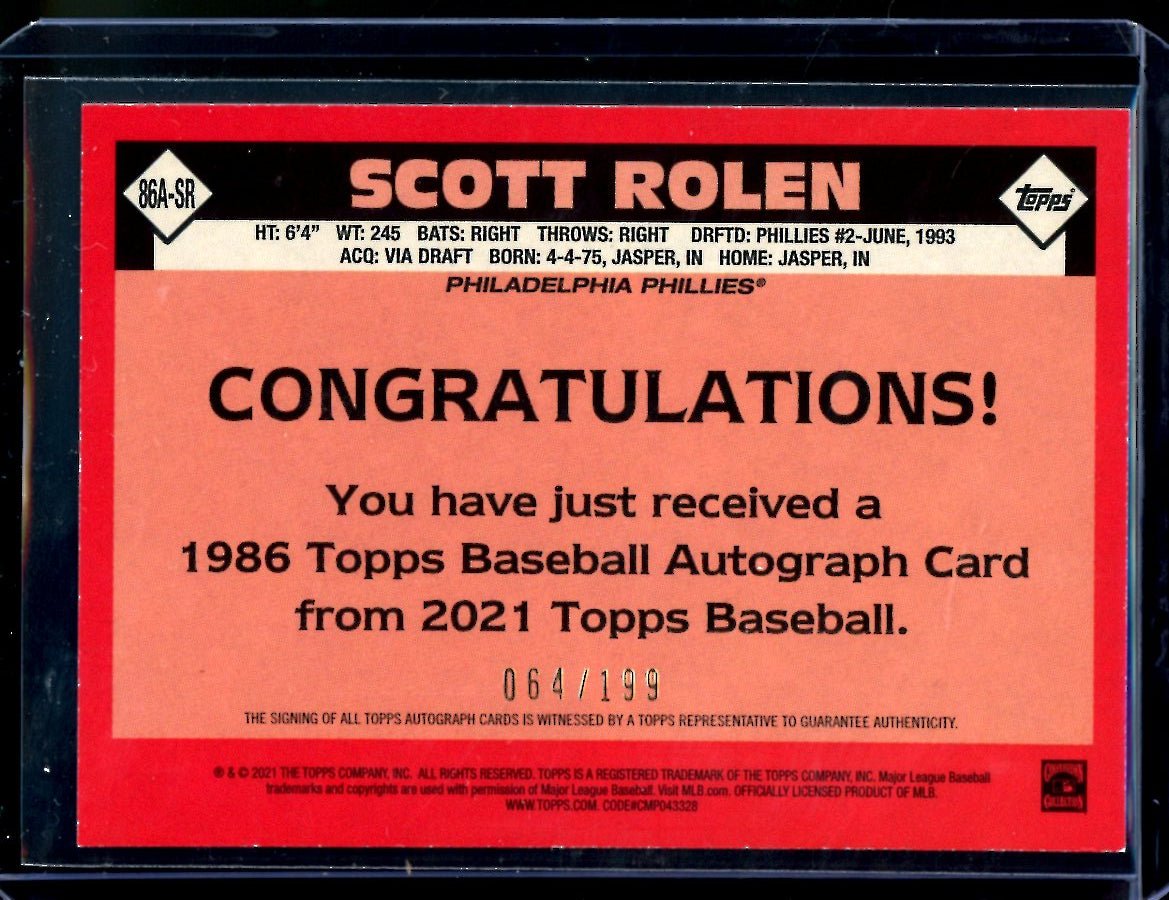 2021 Topps Scott Rolen 1986 Topps Auto /199 Phillies - Trading Card Market