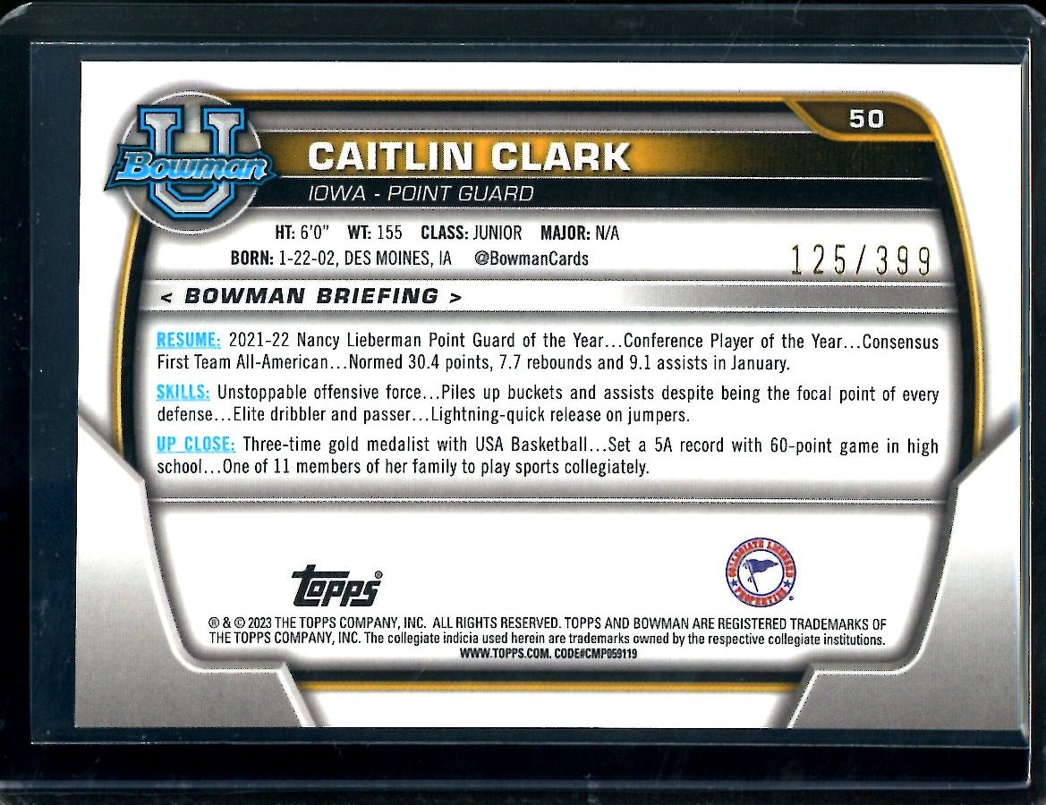 2023 Topps Bowman Chrome University Caitlin Clark 1st Bowman Purple Mini Diamond /399 Iowa - Trading Card Market