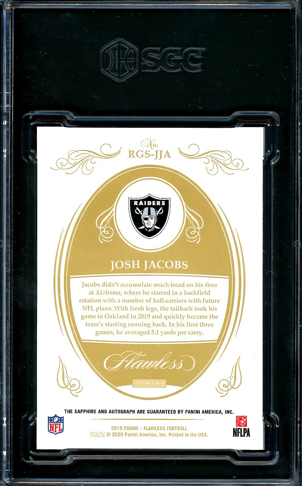 2019 Panini Flawless Josh Jacobs Rookie Sapphire Auto /15 SGC 9.5 Raiders - Trading Card Market