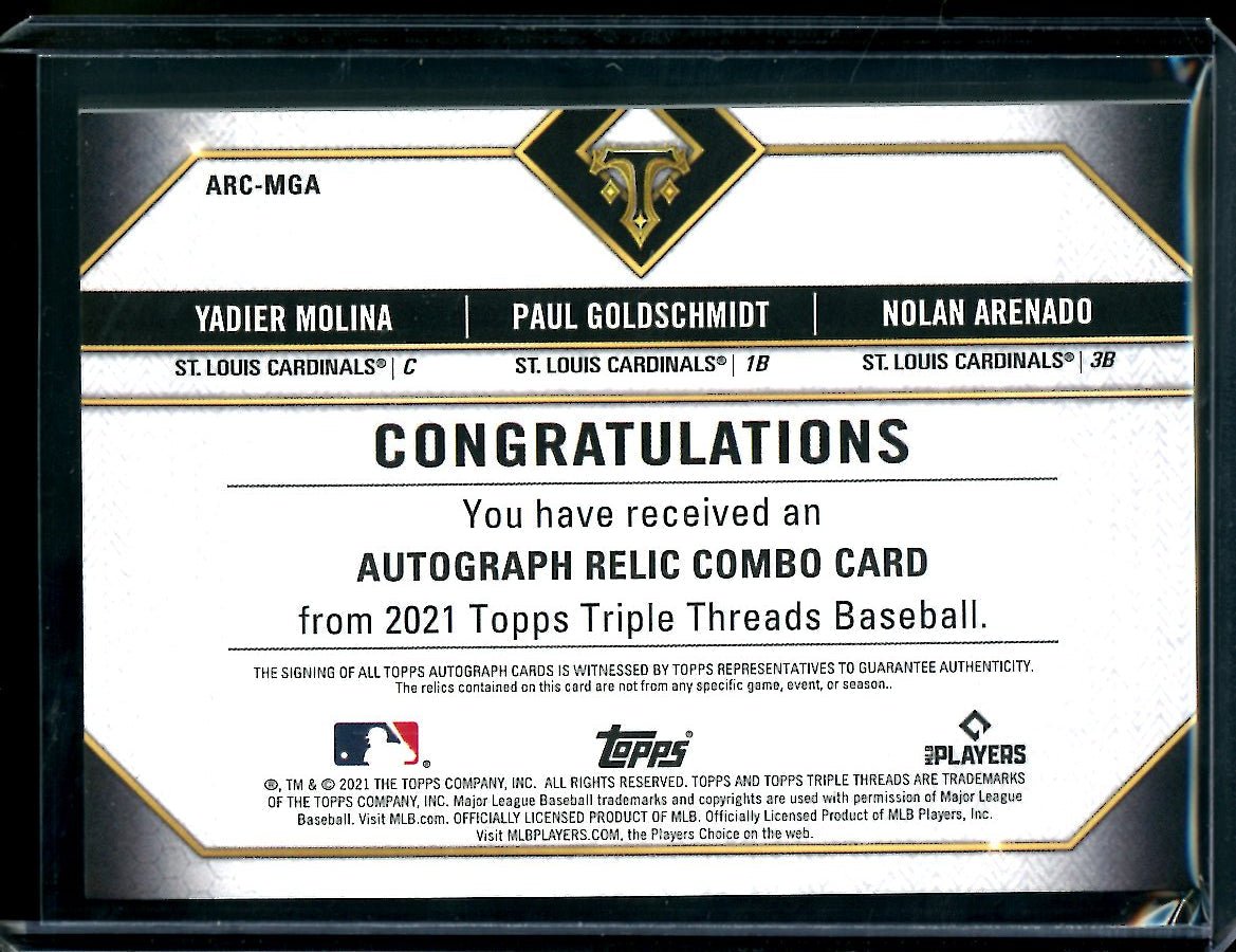 2021 Topps Triple Threads Yadier Molina/Paul Goldschmidt/Nolan Arenado Triple Patch Auto /18 Cardinals - Trading Card Market