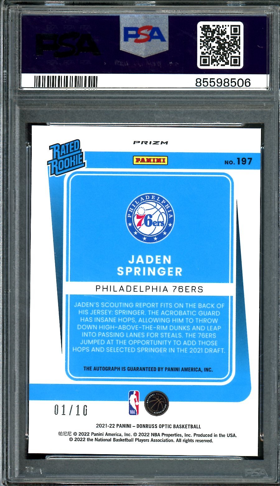 2021 Panini Optic Jaden Springer Rookie Auto Gold /10 PSA 9 76ers - Trading Card Market