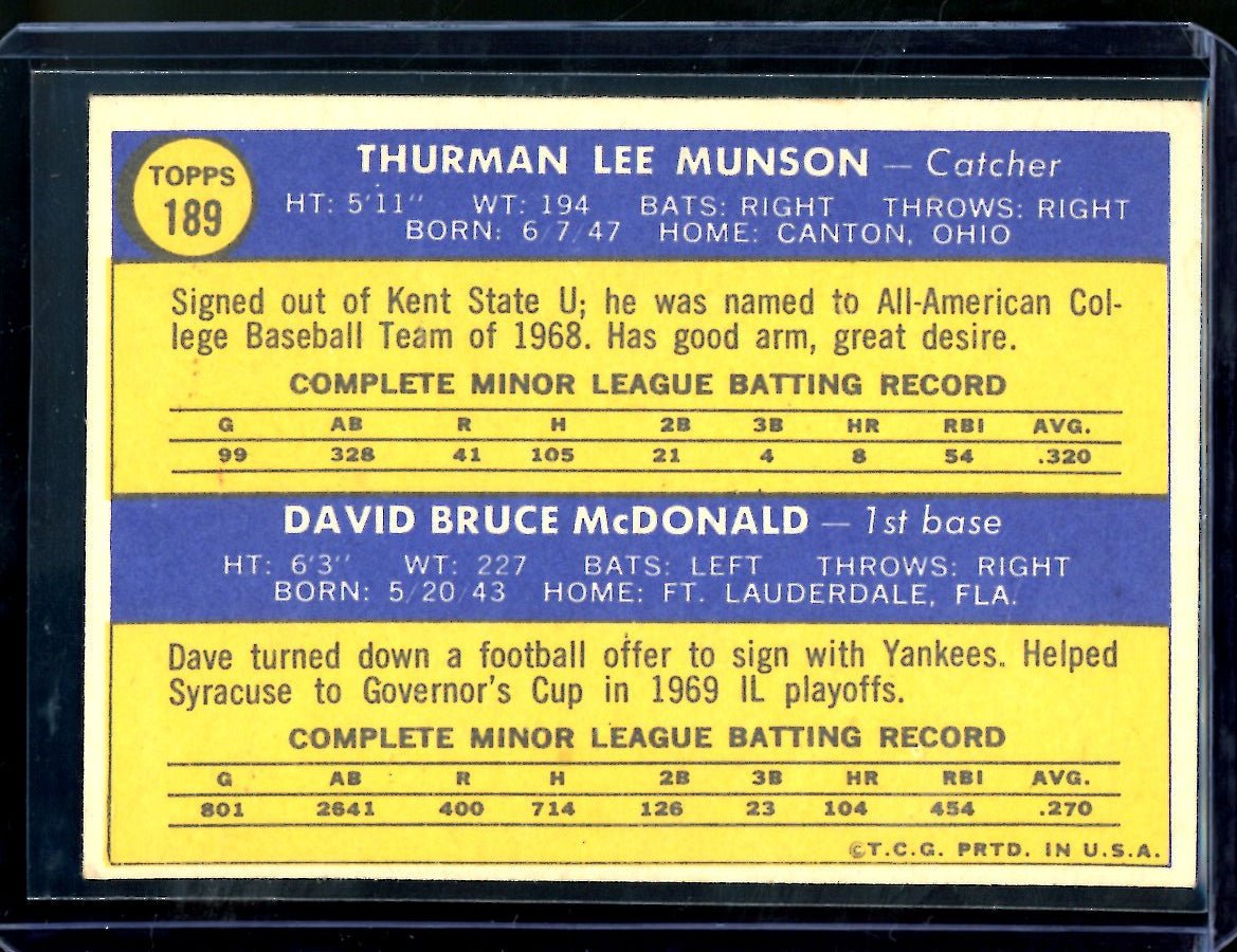 1970 Topps Thurman Munson/Dave McDonald Rookie Stars 189 Yankees - Trading Card Market