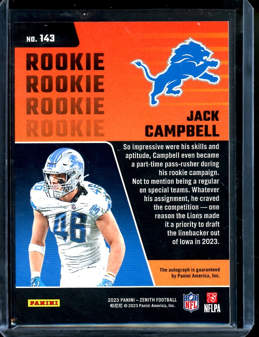 2023 Panini Zenith Jack Campbell Rookie Auto /299 Lions - Trading Card Market