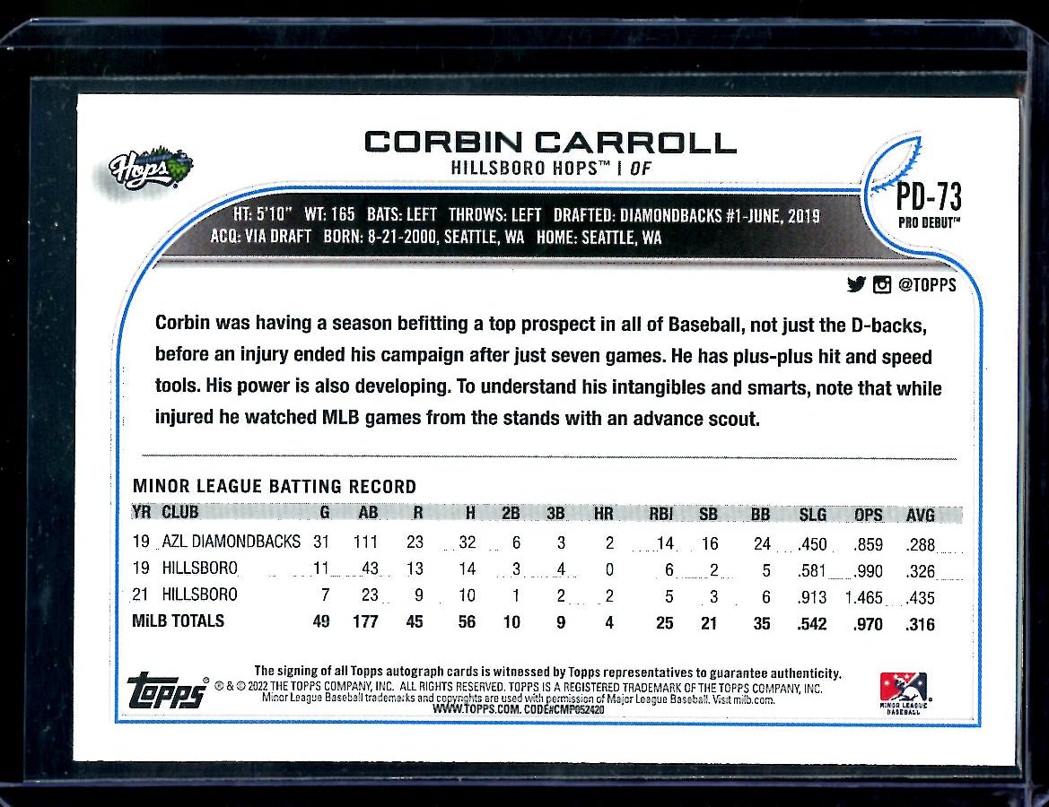 2022 Topps Pro Debut Corbin Carroll Auto Diamondbacks - Trading Card Market