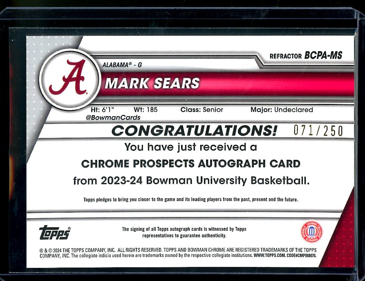 2024 Topps Bowman University Chrome Mark Sears 1st Bowman Auto Refractor /250 Alabama - Trading Card Market