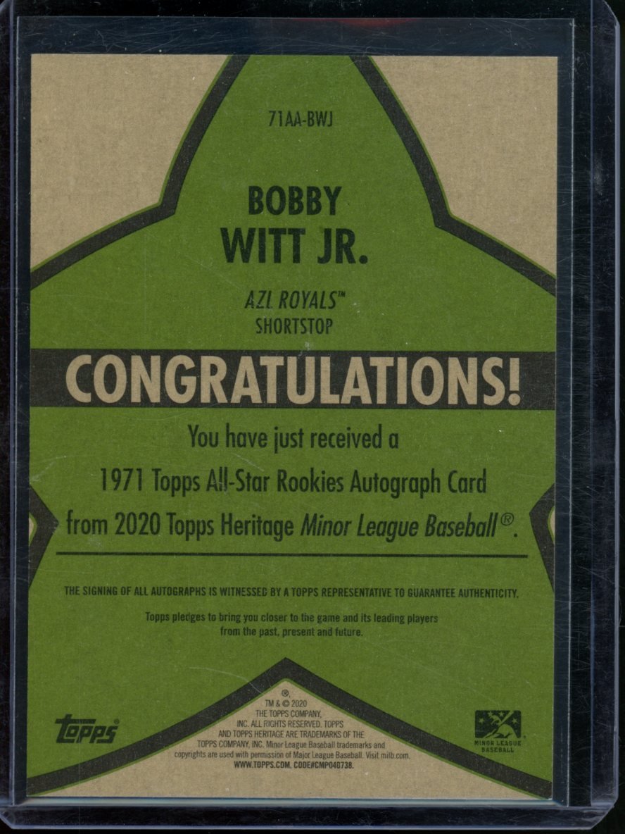 2020 Topps Heritage Minor league Bobby Witt Jr. 1971 All - Star Rookie Auto /50 Royals - Trading Card Market