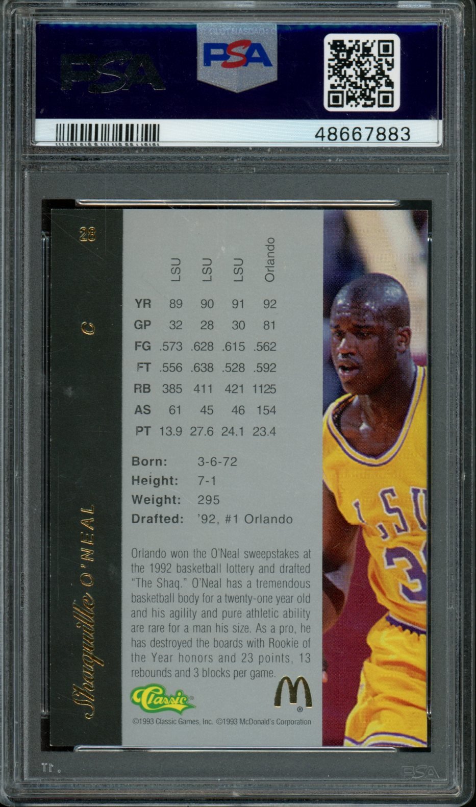 1993 Classic 4 Sport Shaquille O'Neal McDonald's PSA 8.5 Tigers - Trading Card Market