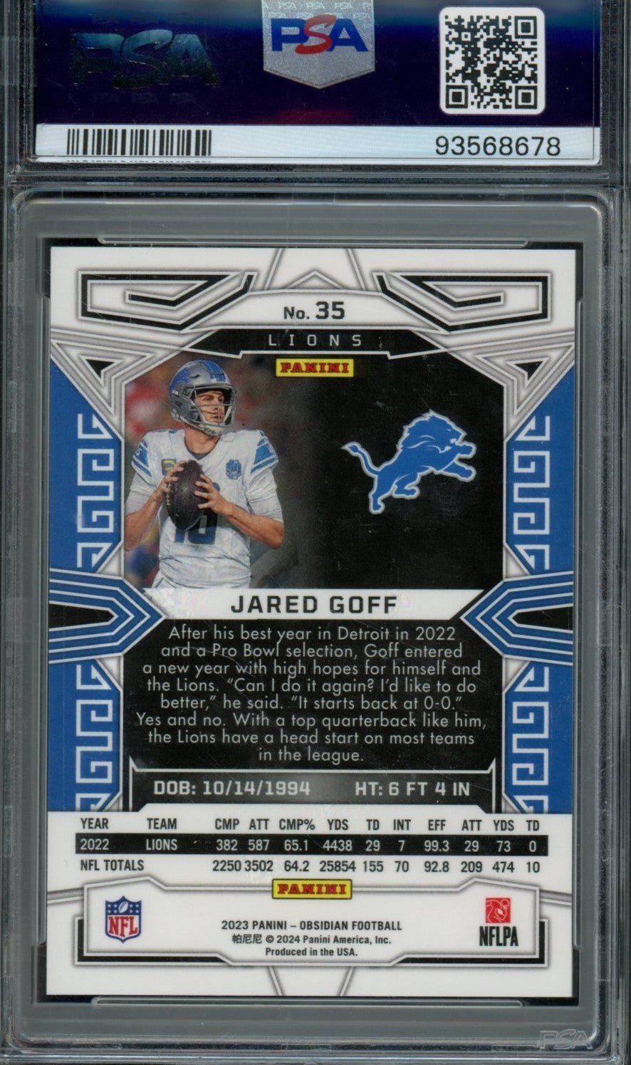 2023 Panini Obisdian Jared Goff Electric Etch Contra PSA 10 Lions - Trading Card Market