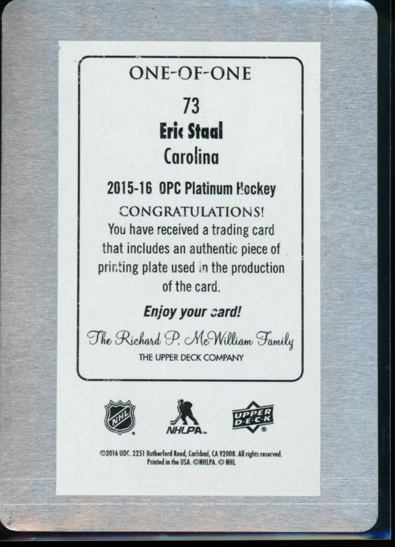 2016 Upper Deck O - Pee - Chee Platinum Eric Staal Printing Plate 1/1 Hurricanes - Trading Card Market